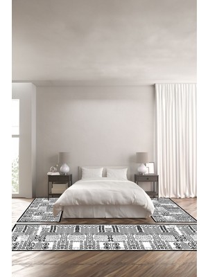 Napoli Home Dijital Baskılı Kaymaz Yıkanabilir Modern Motif Desenli Üçlü Yatak Odası, Yo-Modern-216-Gri,