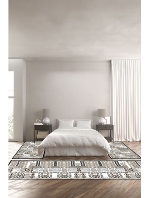 Napoli Home Dijital Baskılı Kaymaz Yıkanabilir Modern Motif Desenli Üçlü Yatak Odası, Yo-Modern-216-Kahve,