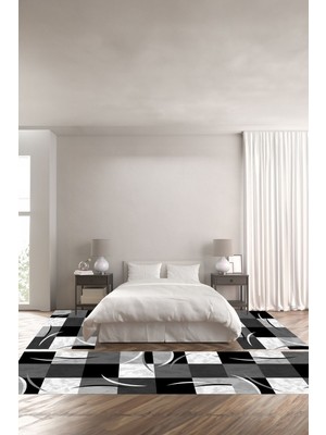 Napoli Home Dijital Baskılı Kaymaz Yıkanabilir Modern Kare Desenli Üçlü Yatak Odası, Yo-Modern-186-Gri,
