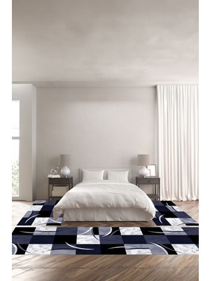 Napoli Home Dijital Baskılı Kaymaz Yıkanabilir Modern Kare Desenli Üçlü Yatak Odası, Yo-Modern-186-Lacivert,