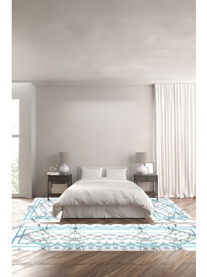 Napoli Home Dijital Baskılı Kaymaz Yıkanabilir Mermer Çizgi Detaylı Üçlü Yatak Odası, Yo-Mermer-35-Turkuaz,