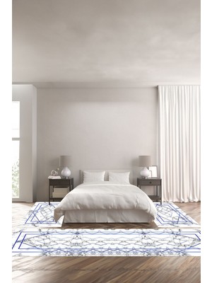 Napoli Home Dijital Baskılı Kaymaz Yıkanabilir Mermer Çizgi Detaylı Üçlü Yatak Odası, Yo-Mermer-35-Mavi,