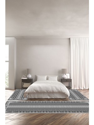 Napoli Home Dijital Kaymaz Yıkanabilir Modern Etnik Motif Desenli Üçlü Yatak Odası, Yo-Modern-217-Gri,
