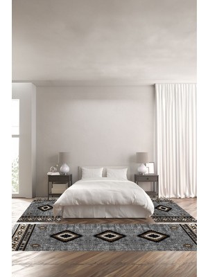 Napoli Home Baskılı Kaymaz Yıkanabilir Iskandinav Dörtgen Desenli Üçlü Yatak Odası, Yo-Iskandinav-56-Kahve,