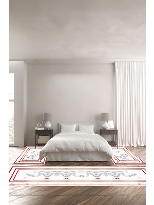 Napoli Home Dijital Baskılı Kaymaz Yıkanabilir Mermer Dikdörtgen Çizgili Üçlü Yatak Odası, Yo-Mermer-33-Kırmızı,