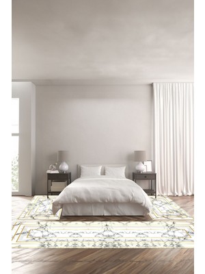 Napoli Home Baskılı Kaymaz Yıkanabilir Mermer Dikdörtgen Çizgi Detaylı Üçlü Yatak Odası, Yo-Mermer-34-Gold,