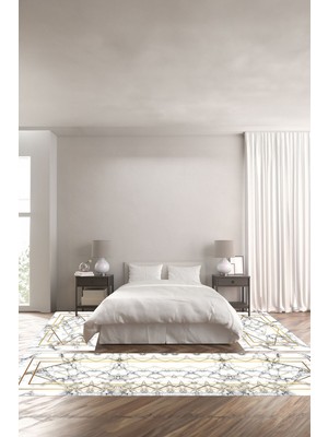 Napoli Home Dijital Baskılı Kaymaz Yıkanabilir Mermer Çizgi Detaylı Üçlü Yatak Odası, Yo-Mermer-35-Gold,