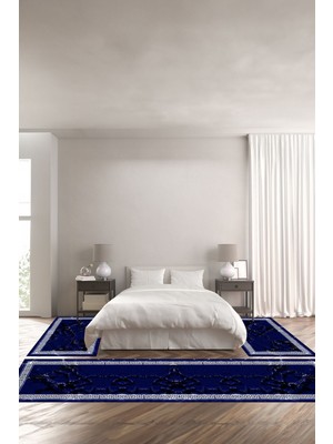 Napoli Home Dijital Baskılı Kaymaz Yıkanabilir Mermer Zemin Detaylı Üçlü Yatak Odası, Yo-Mermer-46-Lacivert,