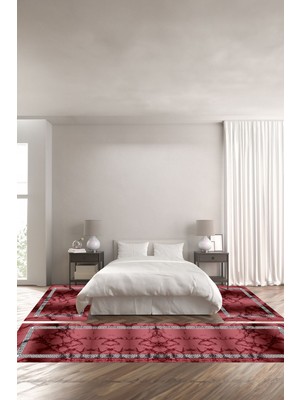 Napoli Home Dijital Baskılı Kaymaz Yıkanabilir Mermer Zemin Motifli Üçlü Yatak Odası, Yo-Mermer-48-Bordo,