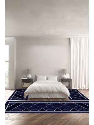 Napoli Home Dijital Baskılı Kaymaz Yıkanabilir Mermer Çerçeve Modelli Üçlü Yatak Odası, Yo-Mermer-68-Lacivert,