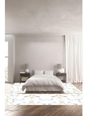 Napoli Home Dijital Baskılı Kaymaz Yıkanabilir Mermer Çizgi Motifli Üçlü Yatak Odası, Yo-Mermer-40-Gold,