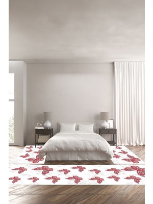 Napoli Home Dijital Baskılı Kaymaz Yıkanabilir Mermer Kelebek Motifli Üçlü Yatak Odası, Yo-Mermer-43-Kırmızı,