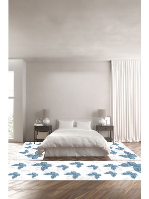 Napoli Home Dijital Baskılı Kaymaz Yıkanabilir Mermer Kelebek Motifli Üçlü Yatak Odası, Yo-Mermer-43-Mavi,