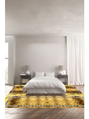 Napoli Home Dijital Baskılı Kaymaz Yıkanabilir Mermer Zemin Motifli Üçlü Yatak Odası, Yo-Mermer-48-Gold,