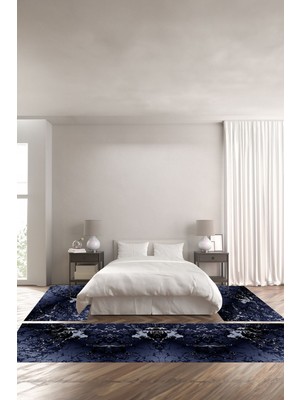 Napoli Home Dijital Baskılı Kaymaz Yıkanabilir Mermer Desenli Modern Üçlü Yatak Odası, Yo-Mermer-55-Lacivert,