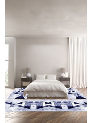 Napoli Home Dijital Baskılı Kaymaz Yıkanabilir Mermer Üçgen Motifli Üçlü Yatak Odası, Yo-Mermer-77-Lacivert,