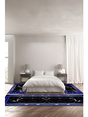 Napoli Home Baskılı Kaymaz Yıkanabilir Çerçeve Çizgili Mermer Desenli Üçlü Yatak Odası, Yo-Mermer-69-Mavi,