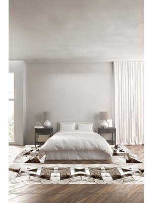 Napoli Home Dijital Baskılı Kaymaz Yıkanabilir Mermer Üçgen Motifli Üçlü Yatak Odası, Yo-Mermer-77-Kahve,