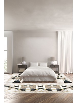 Napoli Home Dijital Baskılı Kaymaz Yıkanabilir Mermer Üçgen Motifli Üçlü Yatak Odası, Yo-Mermer-77-Gold,