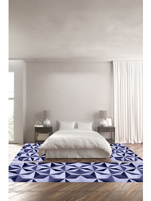 Napoli Home Baskılı Kaymaz Yıkanabilir Patchwork Üçgen Piramit Model Üçlü Yatak Odası, Yo-Patchwork-38-Lacivert,