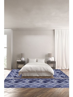 Napoli Home Baskılı Kaymaz Yıkanabilir Patchwork Desenli Modern Üçlü Yatak Odası, Yo-Patchwork-32-Lacivert,