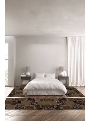 Napoli Home Baskılı Kaymaz Yıkanabilir Patchwork Gül Motifli Modern Üçlü Yatak Odası, Yo-Patchwork-40-Kahve,