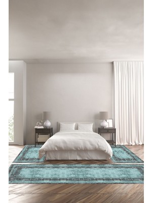 Napoli Home Dijital Baskılı Kaymaz Taban Yıkanabilir Sade Çerçeveli Üçlü Yatak Odası Takımı, Yo-Sade-62-Mavi,