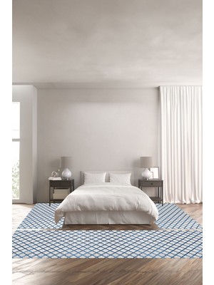 Napoli Home Dijital Baskılı Kaymaz Taban Yıkanabilir Sade Kare Desenli Üçlü Yatak Odası, Yo-Sade-58-Mavi,