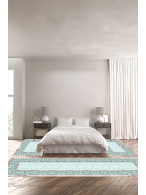 Napoli Home Baskılı Kaymaz Yıkanabilir Çerçeveli Desen Detay Motifli Üçlü Yatak Odası,Yo-Çerçeveli-86-Turkuaz,