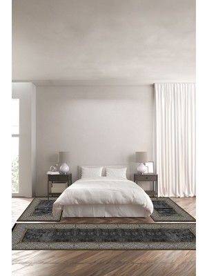 Napoli Home Baskılı Kaymaz Yıkanabilir Çerçeveli Kenar Motif Modern Üçlü Yatak Odası,Yo-Çerçevelı-129-Gold,