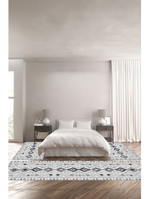 Napoli Home Baskılı Kaymaz Yıkanabilir Iskandinav Çerçeve Desenli Üçlü Yatak Odası, Yo-Iskandinav-34-Gri,