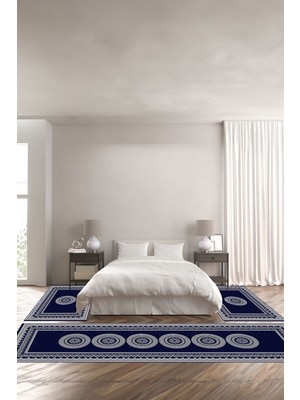 Napoli Home Baskılı Kaymaz Yıkanabilir Çerçeveli Yuvarlak Göbek Detay Üçlü Yatak Odası,Yo-Çerçeveli-88-Lacivert,