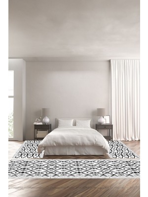 Napoli Home Baskılı Kaymaz Yıkanabilir Iskandinav Etnik Kilim Desen Üçlü Yatak Odası, Yo-Iskandinav-37-Beyaz,