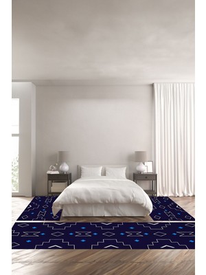 Napoli Home Dijital Kaymaz Taban Yıkanabilir Jüt Sade Modern Üçlü Yatak Odası Takımı, Yo-Jüt-38-Lacivert,