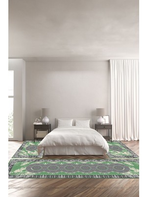 Napoli Home Dijital Baskılı Kaymaz Taban Yıkanabilir Klasik Modern Üçlü Yatak Odası, Yo-Klasik-62-Yeşil,