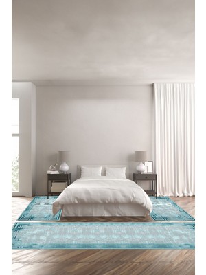 Napoli Home Dijital Baskılı Kaymaz Yıkanabilir Çerçeveli Üçlü Yatak Odası,Yo-Çerçeveli-87-Turkuaz,