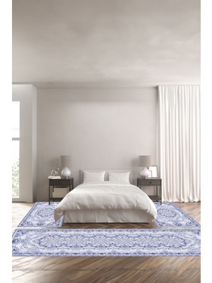 Napoli Home Dijital Baskılı Kaymaz Yıkanabilir Klasik Çerçeve Model Üçlü Yatak Odası, Yo-Klasik-70-Lacivert,