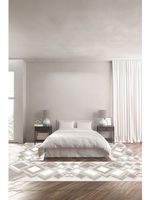 Napoli Home Dijital Baskılı Kaymaz Yıkanabilir Modern Kare Modelli Üçlü Yatak Odası, Yo-Modern-122-Bej,