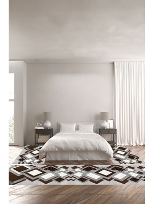 Napoli Home Dijital Baskılı Kaymaz Yıkanabilir Modern Kare Modelli Üçlü Yatak Odası, Yo-Modern-122-Kahve,