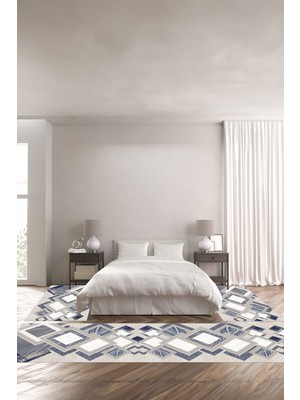 Napoli Home Dijital Baskılı Kaymaz Yıkanabilir Modern Kare Modelli Üçlü Yatak Odası, Yo-Modern-122-Lacivert,