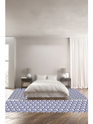 Napoli Home Dijital Baskılı Kaymaz Yıkanabilir Modern Çizgili Üçlü Yatak Odası Takımı, Yo-Modern-130-Lacivert,