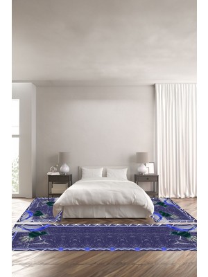 Napoli Home Dijital Baskılı Kaymaz Yıkanabilir Modern Kuş Tüyü Desenli Üçlü Yatak Odası, Yo-Modern-153-Mavi,