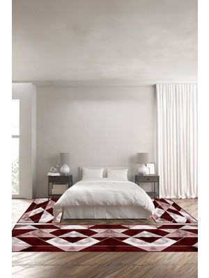 Napoli Home Dijital Kaymaz Yıkanabilir Modern Iki Renkli Mermer Desenli Üçlü Yatak Odası, Yo-Modern-160-Bordo,