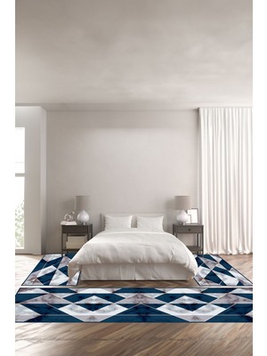 Napoli Home Dijital Kaymaz Yıkanabilir Modern Iki Renkli Mermer Desenli Üçlü Yatak Odası, Yo-Modern-160-Lacvert,