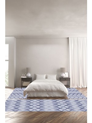 Napoli Home Dijital Kaymaz Yıkanabilir Modern Sade Kare Desenli Üçlü Yatak Odası, Yo-Modern-167-Lacivert,