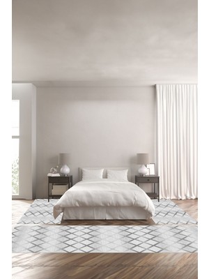 Napoli Home Dijital Kaymaz Yıkanabilir Modern Sade Kare Desenli Üçlü Yatak Odası, Yo-Modern-167-Gri,