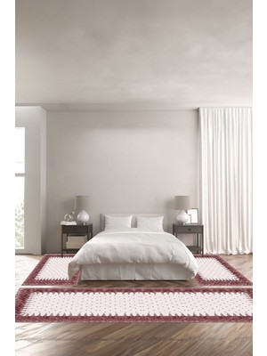 Napoli Home Dijital Baskılı Kaymaz Yıkanabilir Modern Kare Desenli Üçlü Yatak Odası, Yo-Modern-204-Bordo,