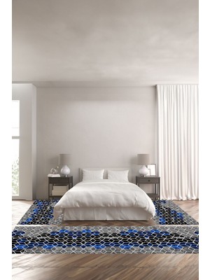 Napoli Home Dijital Baskılı Kaymaz Yıkanabilir Mermer Zemin Küp Detaylı Üçlü Yatak Odası, Yo-Mermer-49-Mavi,