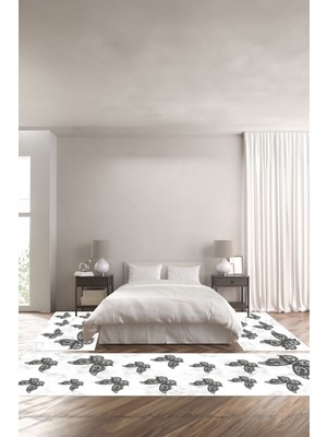 Napoli Home Dijital Baskılı Kaymaz Yıkanabilir Mermer Kelebek Motifli Üçlü Yatak Odası, Yo-Mermer-43-Antrasit,