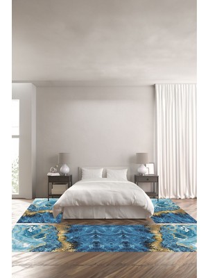 Napoli Home Dijital Baskılı Kaymaz Yıkanabilir Mermer Modelli Üçlü Yatak Odası Takımı, Yo-Mermer-51-Turkuaz,